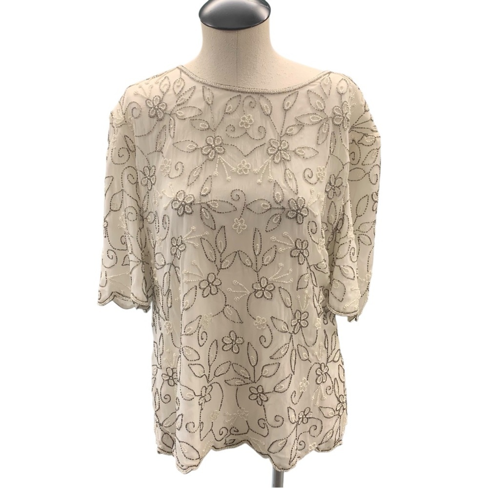 LAURENCE KAZAR Vintage Beaded Floral Silk Top -‎ Size 1X